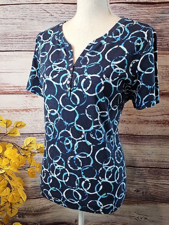 Karen Scott Tops - KAREN SCOTT NAVY BLUE SHORT SLEEVE SPLIT V-NECK PULLOVER COTTON TEE TOP